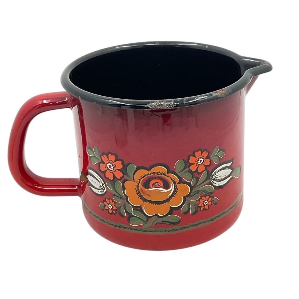 Maroon Floral Enamel Jug‎ Pitcher with Spout and Handle Vibrant Graphics MCM